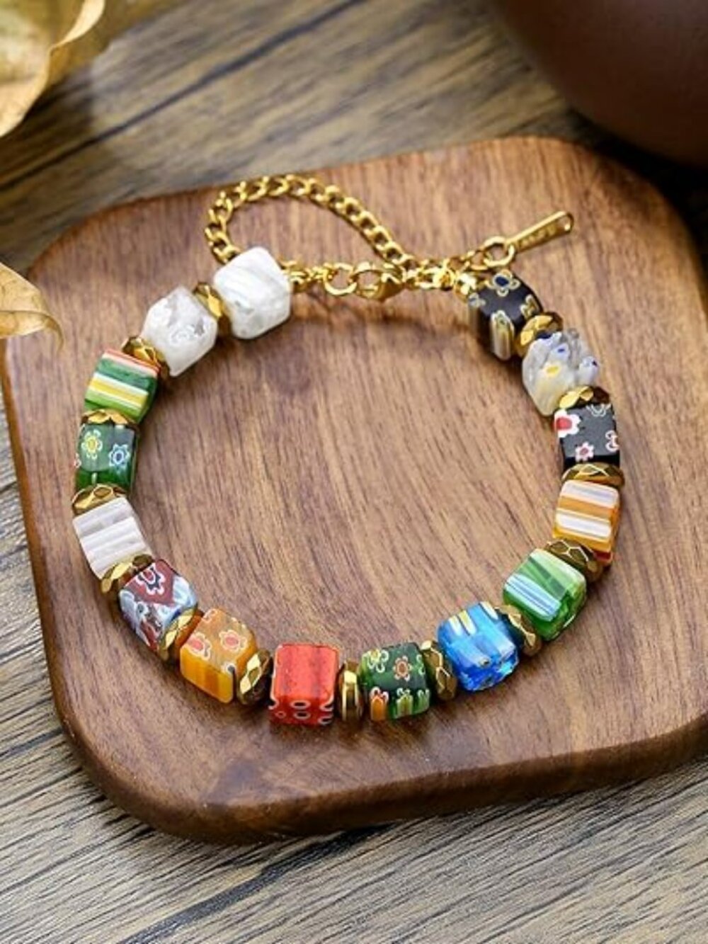 Boho Millefiori Glass Bead Bracelet Women Y2K  Colorful Cube Handmade Murano